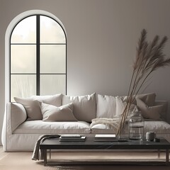 A welcoming living room with a large arched window, minimalistic furniture, and an inviting atmosphere.