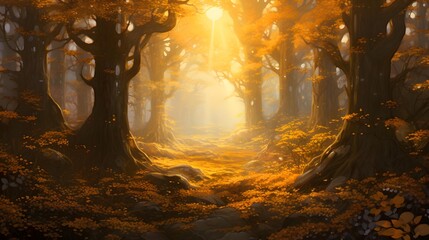 Fantasy forest with fog and sunlight. Panoramic image.