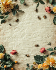 Vista dall'alto di api e fiori di campo bianchi disposti su uno sfondo di carta stropicciata - obrazy, fototapety, plakaty
