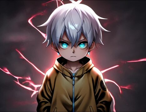 Video of a cool looking anime kid with white hair. He has a strong shiny red aura and glowing blue eyes