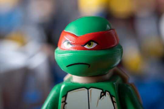Prague, CZ -18.4.2024: A Raphael Ninja Turtles figure crafted from LEGO bricks is depicted in macro detail, offering a captivating play experience for kids  imagination and creativity. Editorial