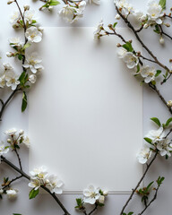 Splendidi fiori di ciliegio bianchi incorniciano un biglietto vuoto su uno sfondo bianco immacolato, perfetto per creazioni ispirate alla primavera.