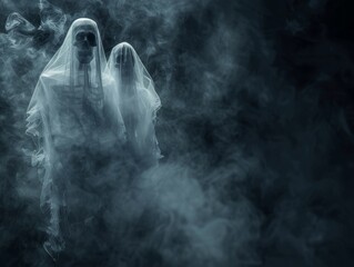Ethereal blue smoke forming ghostly figures on a dark backdrop.