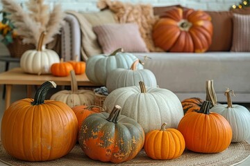 The photograph showcases a variety of pumpkins artfully arranged within a cozy domestic environment