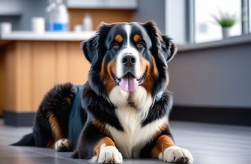 Bernese Mountain Dog lies in a veterinary clinic, looks into the frame. The dog is happy. Daylight from the window