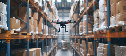 A drone works in a large warehouse, flying among countless boxes.