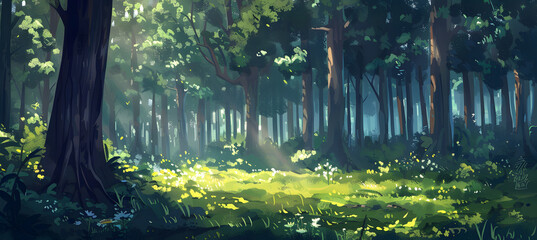 Dense forest filled with numerous trees and lush grass