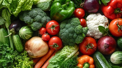 Diverse assortment of fresh organic vegetables abundantly displayed for a vibrant selection