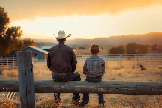 A contemplative father and son duo sitting on a fence overlooking a farm at sunset
