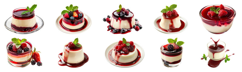 Elegant panna cotta with berry coulis and fresh fruits cut out png on transparent background - obrazy, fototapety, plakaty