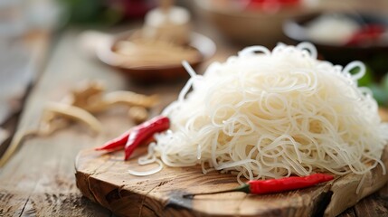 Raw rice noodles on wooden table, closeup