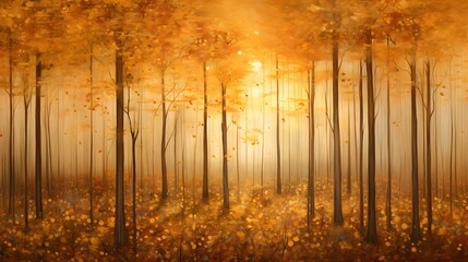 Autumn forest panoramic banner background with trees and falling leaves
