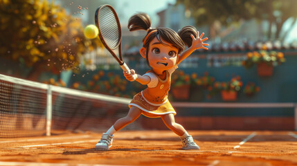 A young girl is playing tennis on a court