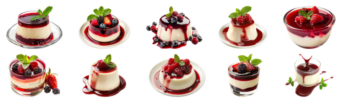 Elegant panna cotta with berry coulis and fresh fruits cut out png on transparent background
