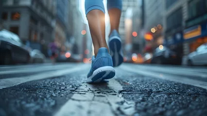 Fotobehang A person jogging in city wearing running shoes focusing on feet. Concept Jogging, Running Shoes, Cityscape, Urban Fitness, Foot Focus © Ян Заболотний