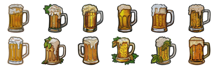Collection of embroidered beer mug patches with frothy details cut out png on transparent background