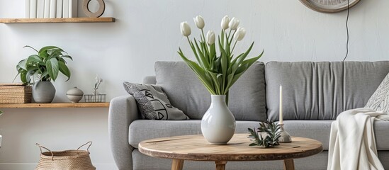 Scandinavian-style living room decor featuring a stylish grey sofa, wooden coffee table, plants, shelf, vase of spring flowers, decorative items, and elegant personal accessories.