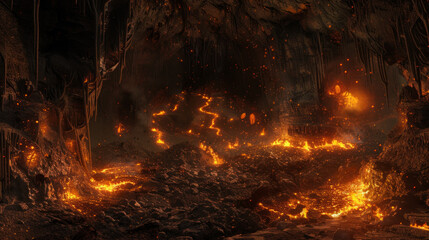A fiery scene with lava and fire, with a dark and ominous mood