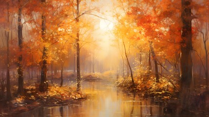Autumn forest with a river. Panoramic autumn landscape.