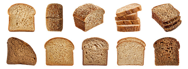 Variety of whole grain and white bread slices cut out png on transparent background