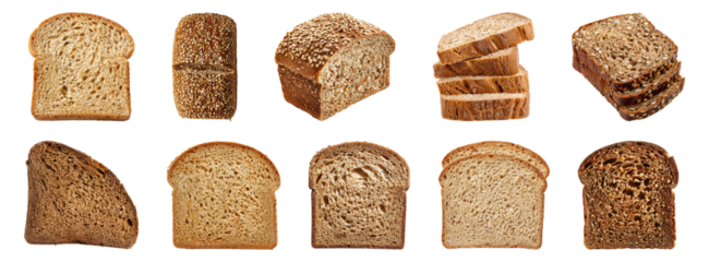 Variety of whole grain and white bread slices cut out png on transparent background