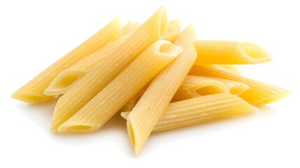 Penne rigate pasta isolated on white background. Raw