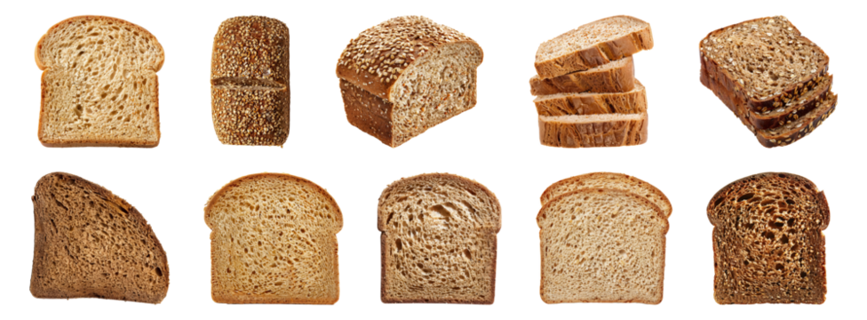 Variety of whole grain and white bread slices cut out png on transparent background