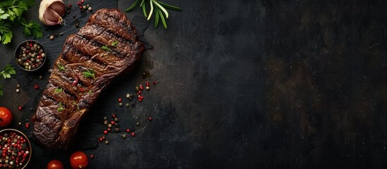 A top-down view of a dark table with a grilled ribeye beef steak, complemented with herbs and spices. There is room available for your text. - obrazy, fototapety, plakaty