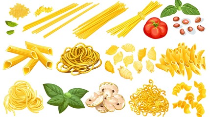 Pasta type italian noodle collection set cartoon illustration vector. Pasta type italian noodle set - obrazy, fototapety, plakaty