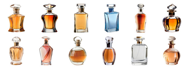Elegant assortment of perfume bottles with translucent designs cut out png on transparent background