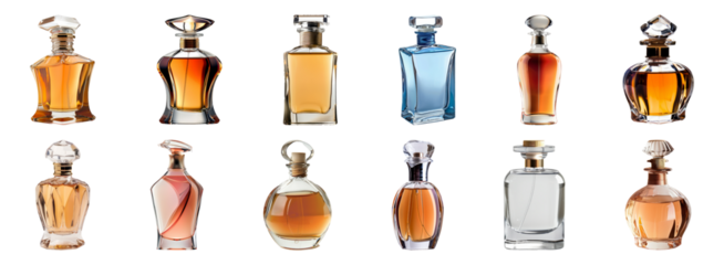 Elegant assortment of perfume bottles with translucent designs cut out png on transparent background
