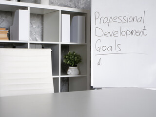 Office board for notes with a list Professional development goals.