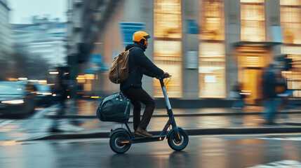 A courier utilizing an electric scooter to navigate through busy city traffic. Quality, high level, reliability, team