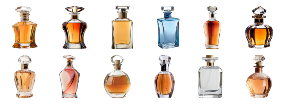 Elegant assortment of perfume bottles with translucent designs cut out png on transparent background