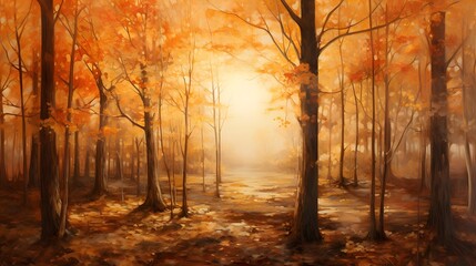 Autumn forest with orange trees and fog - panoramic background