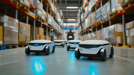 A logistics team assembling delivery robots in a high-tech warehouse facility. Quality, high level, reliability, team