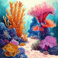 tropical coral reef in watercolor painting design 
