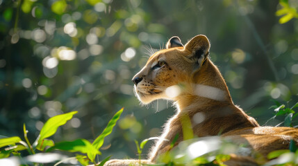 Fototapeta premium A young lion sits confidently in the middle of a dense forest, surrounded by green foliage and trees