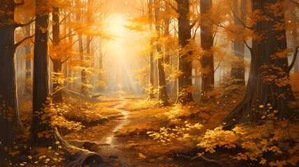 Autumn forest with sunbeams and fog. Panoramic image