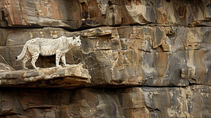 A white wolf confidently stands on a rocky ledge, surveying its surroundings with a watchful gaze