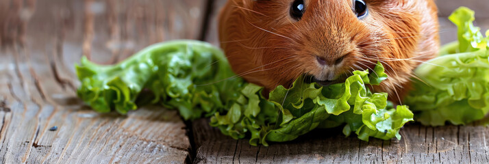A hamster is munching on a piece of lettuce placed on a wooden surface - obrazy, fototapety, plakaty