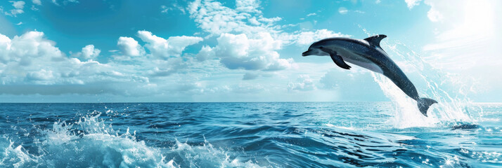 A dolphin leaps out of the water, showcasing its graceful and powerful movement as it arcs through the air before splashing back into the ocean