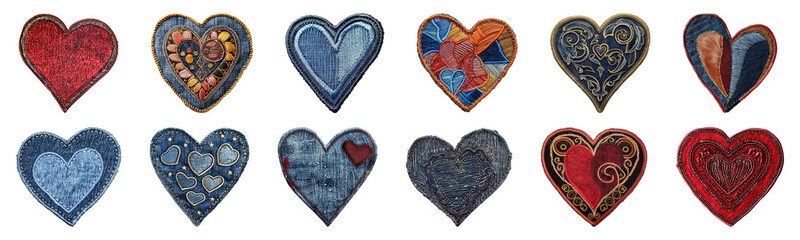 Assorted denim and colorful heart patches collection cut out png on transparent background