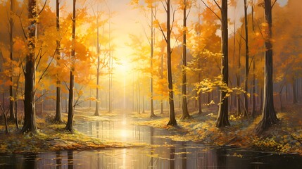Panoramic image of autumn forest in the morning with fog and sunbeams