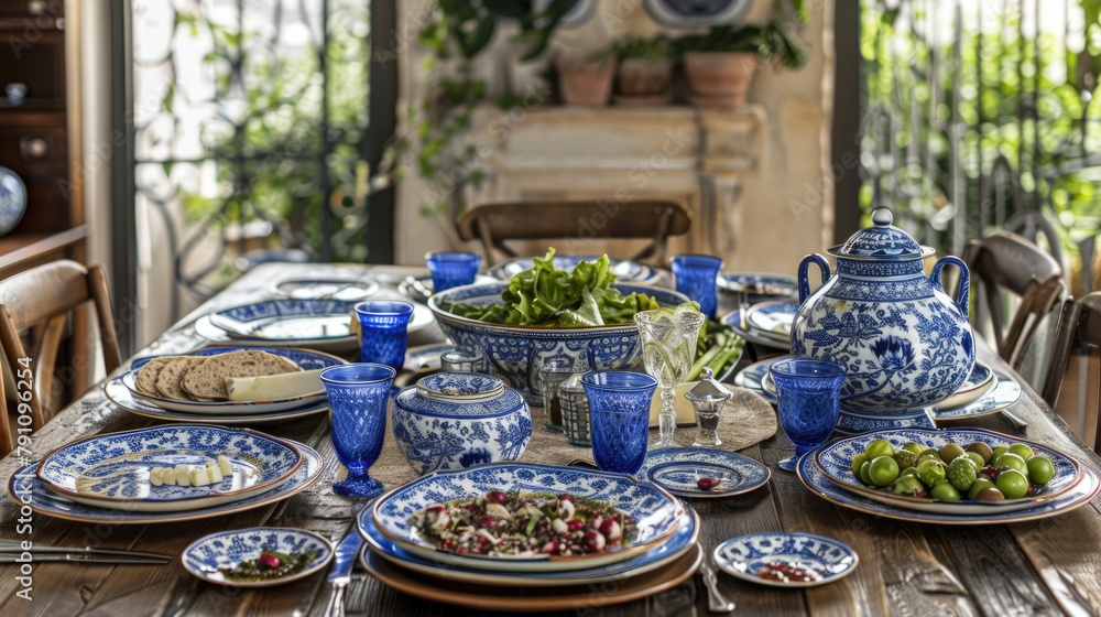 Poster a table is adorned with various blue and white dishes and plates neatly arranged in a symmetrical ma