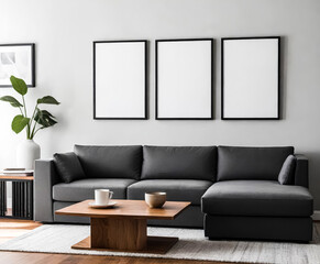 A paper size ISO frame mockup, Living room wall poster mockup, Interior house background mockup. Modern interior design in 3D rendering. Generative AI. V-2