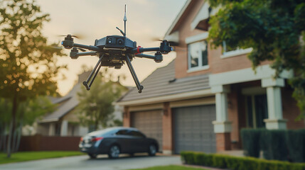 An autonomous delivery drone dropping off groceries at a suburban home. Quality, high level, reliability, team