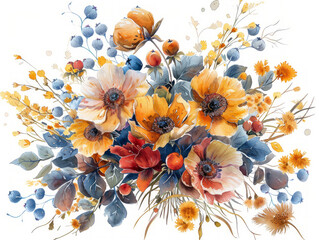 bouquete composizione floreale di fiori autunnali con bacche  su sfondo bianco scontornabile, stile acquerello, colori dominanti rosso arancio e giallo - obrazy, fototapety, plakaty