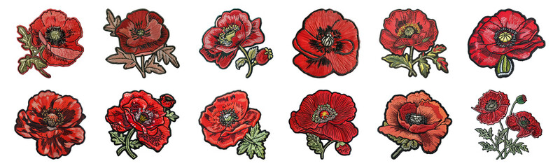 Red poppy embroidery patches cut out png on transparent background