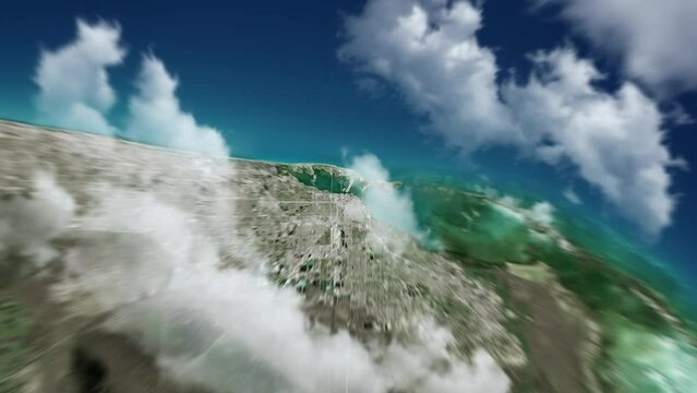 Zooming on Miami, US. Earth zoom in from outer space to city. The animation continues by zoom out through clouds and atmosphere into space. View of the Earth at night. Images from NASA. 4K